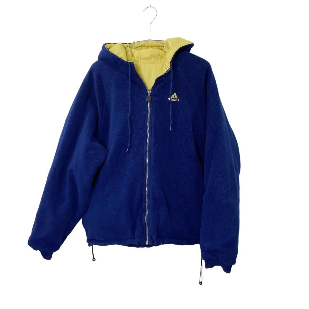Adidas‎ Reversible Jacket Coat Size Large Navy Blue And Yellow 90s Fleece/Nylon